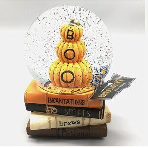 NEW Halloween Musical Stacked Orange Pumpkin BOO Snow Globe Spell Books Decor